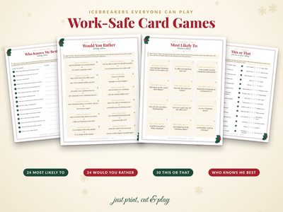 Work-safe card games: Most Likely To, Would You Rather, This or That, Who Knows Me Best