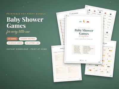 Baby Shower Games Bundle: cover with gift bingo, trivia and prediction card pages