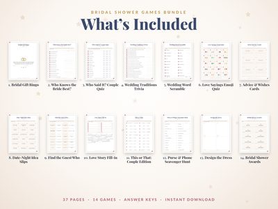 What's included: 14 bridal shower games with 30 bingo cards and answer keys