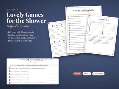 Sample pages: gift bingo, wedding traditions trivia and the love story fill-in