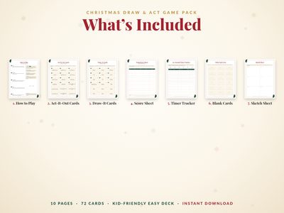 What's included: how to play, act cards, draw cards, score sheet, timer tracker, blank cards and sketch sheet