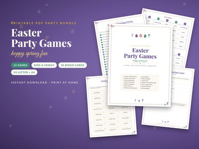Easter Party Games Bundle: cover with bingo, trivia and bunny dice game pages