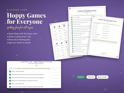 Sample pages: Easter bingo, spring trivia and the bunny dice drawing game