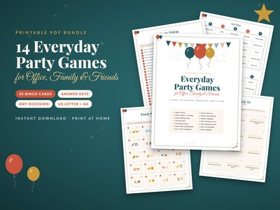 Everyday Party Games Bundle: cover with trivia, bingo, emoji quiz and Most Likely To pages