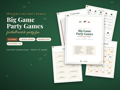 Big Game Football Party Games Bundle: cover with commercial bingo, trivia and prediction pages