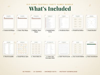 What's included: 14 football party games with 50 bingo cards and answer keys