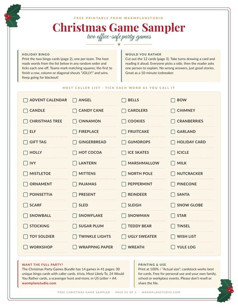 Page 1: how to play and host caller checklist
