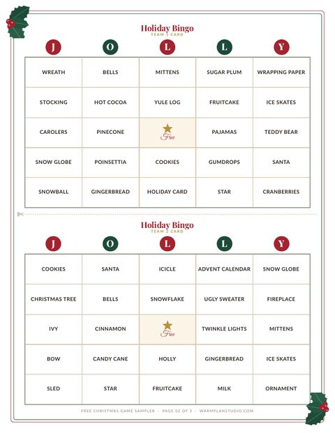 Page 2: two holiday bingo cards