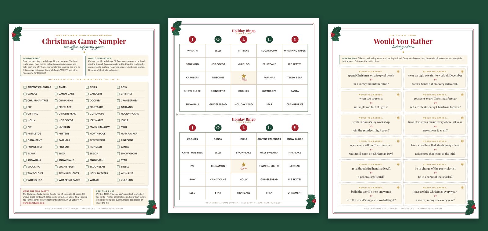 Free Christmas Game Sampler: host caller list, two bingo cards and 12 Would You Rather cards