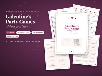 Galentine’s Party Games Bundle: cover with bingo, trivia and compliment card pages