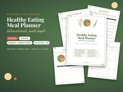 Healthy Eating Meal Planner: cover with balanced plate guide, meal plan and food log pages