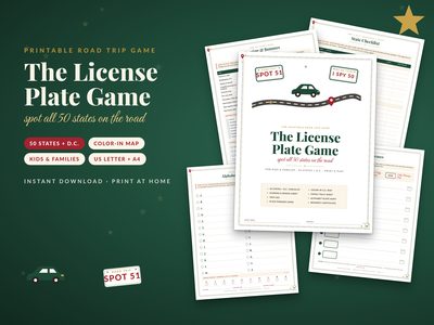 Road Trip License Plate Game: cover with state checklist, scoring, Plate Phrases and Alphabet Plate Hunt pages