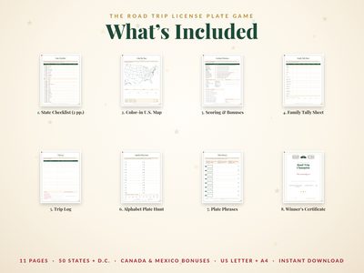 What's included: checklist, map, scoring, tally sheet, trip log, two bonus games and a certificate