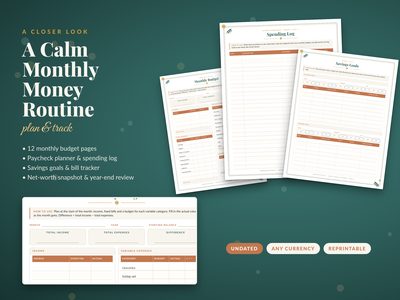 Sample pages: monthly budget, spending log and savings goals