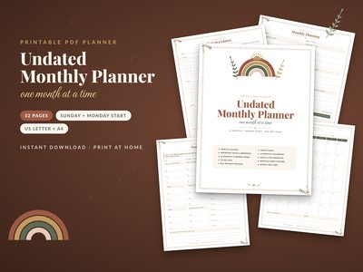 Undated Monthly Planner: cover with planning page, year at a glance, calendar and goals pages