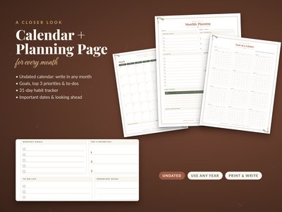 A closer look: monthly calendar, planning page and year at a glance