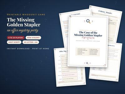 Office Mystery Party Game: The Case of the Missing Golden Stapler cover with evidence cards and character packets