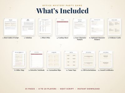What's included: host guide, solution, cast list, character packets, evidence cards, map, notebooks, name tags and invitations