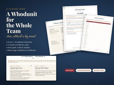 Sample pages: evidence cards, a character packet and the detective notebook