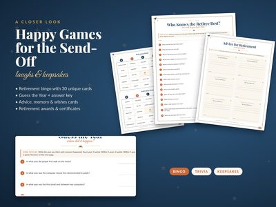 Sample pages: retirement bingo, Who Knows the Retiree Best and advice cards