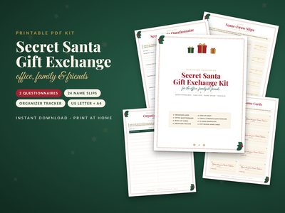Secret Santa Gift Exchange Kit: cover with questionnaire, sign-up sheet and name-draw slip pages