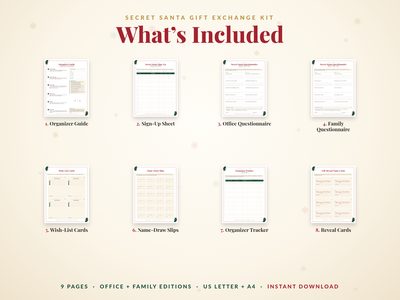 What's included: organizer guide, sign-up sheet, questionnaires, wish-list cards, name-draw slips, tracker and reveal cards