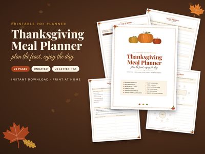 Thanksgiving Meal Planner printable: cover with menu, guest list, seating chart and turkey planner pages