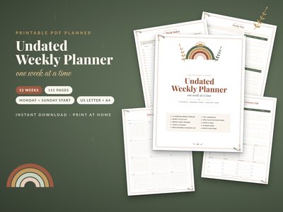 Undated Weekly Planner: cover with weekly spread, 52-week index, meal planner and year at a glance pages
