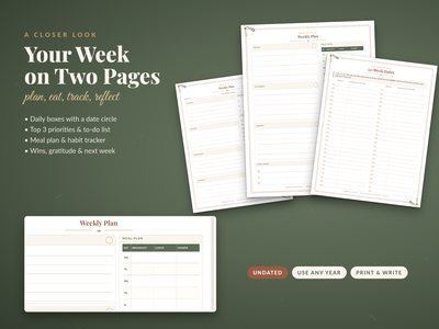 A closer look: both pages of a weekly spread and the 52-week index